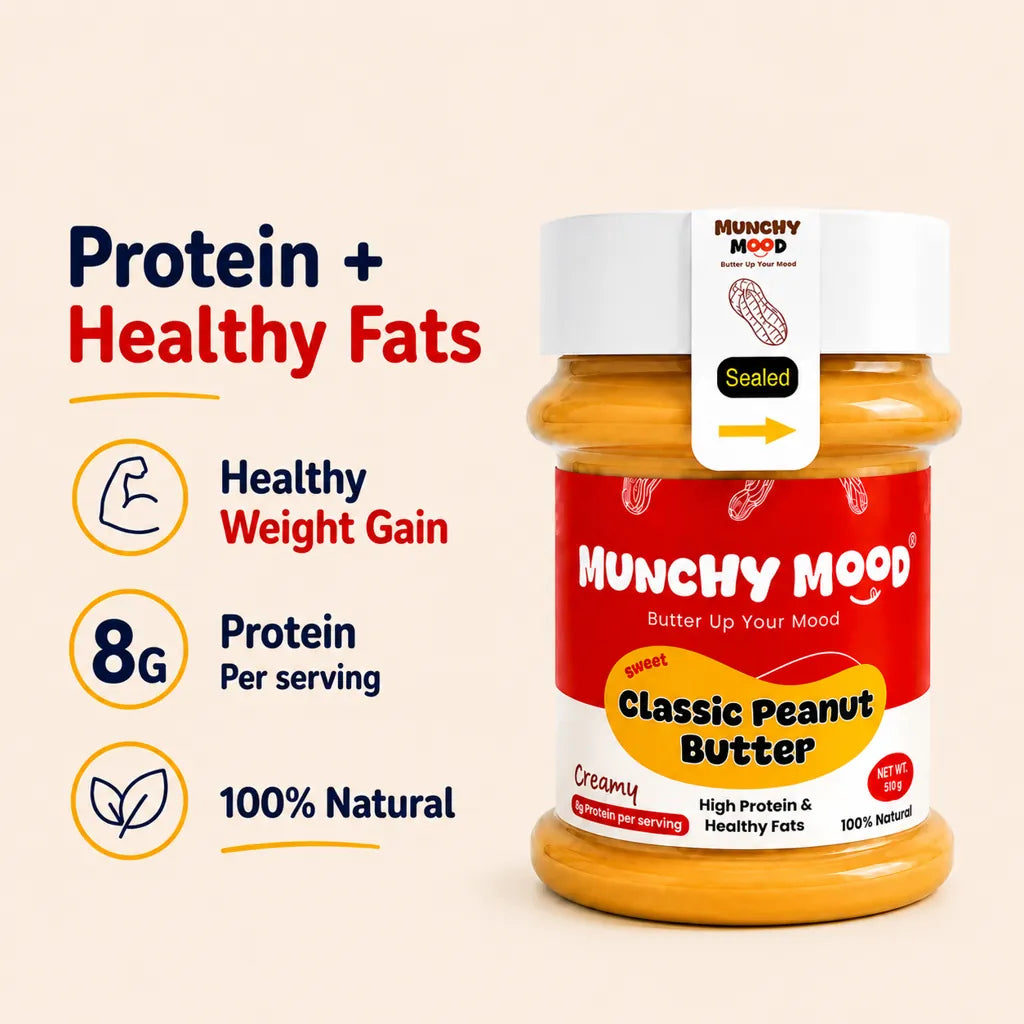 Benefits of Munchy Mood Classic Peanut Butter including healthy weight gain 8g protein and natural ingredients